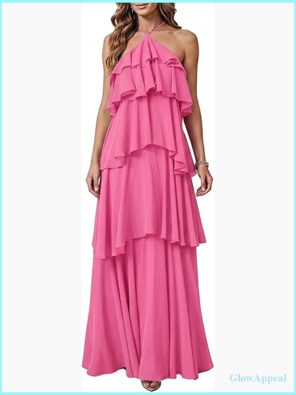 Halter Ruffle Layered Backless Flowy Formal Maxi Dress Wedding Guest